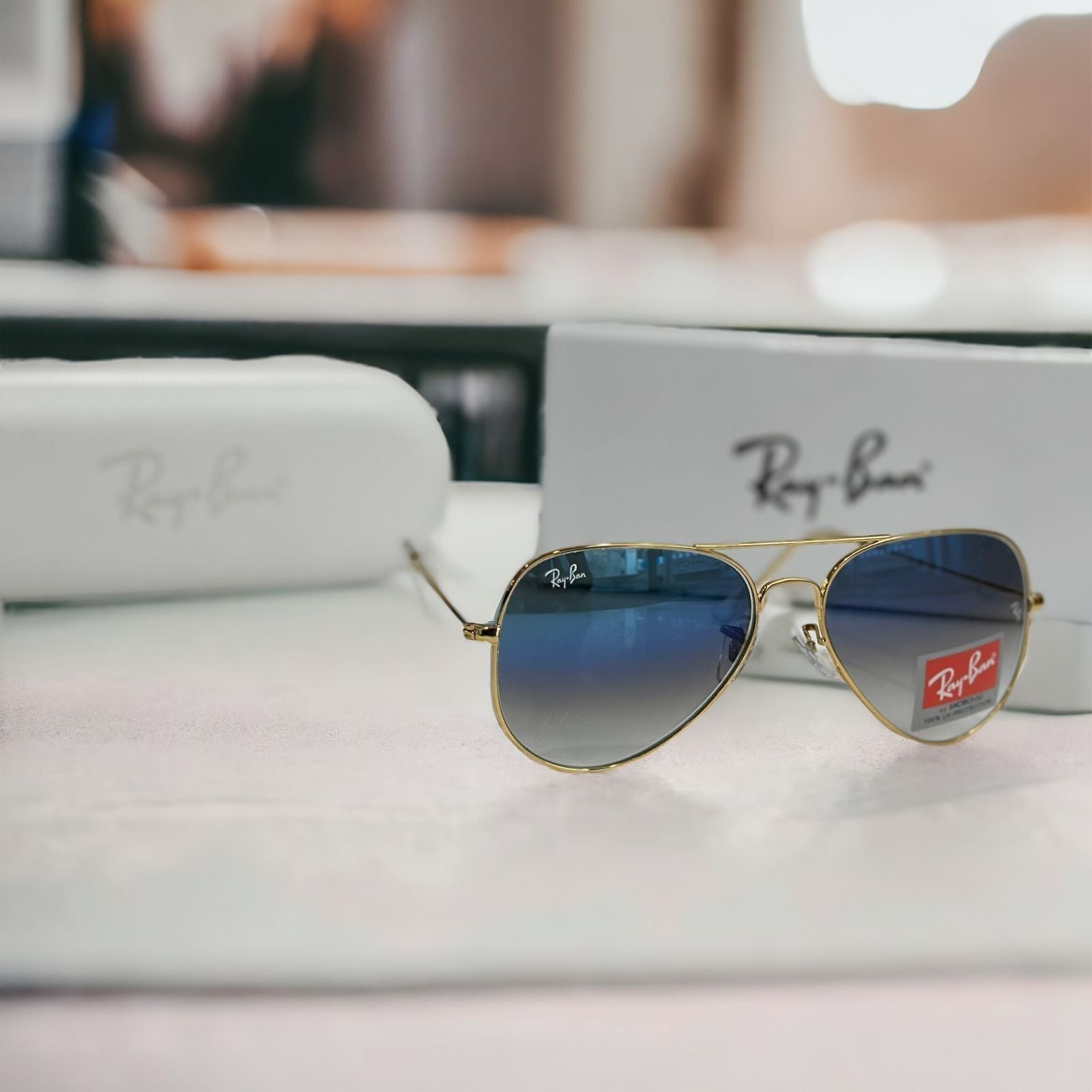 Branded Rb Gold Blue Aviator Sunglasses (With Original Kit) - Image 4