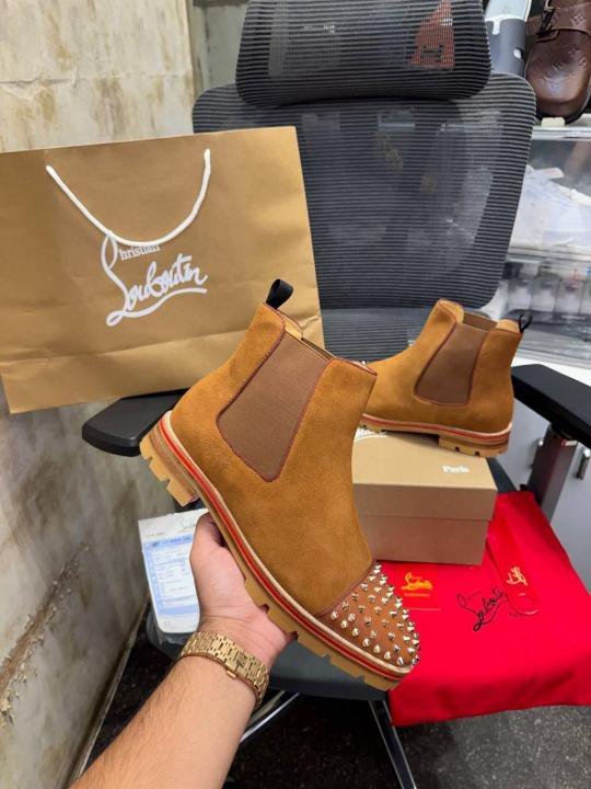 Christian Louboutin Spikes Suede Chelsea Boots Tan Premium