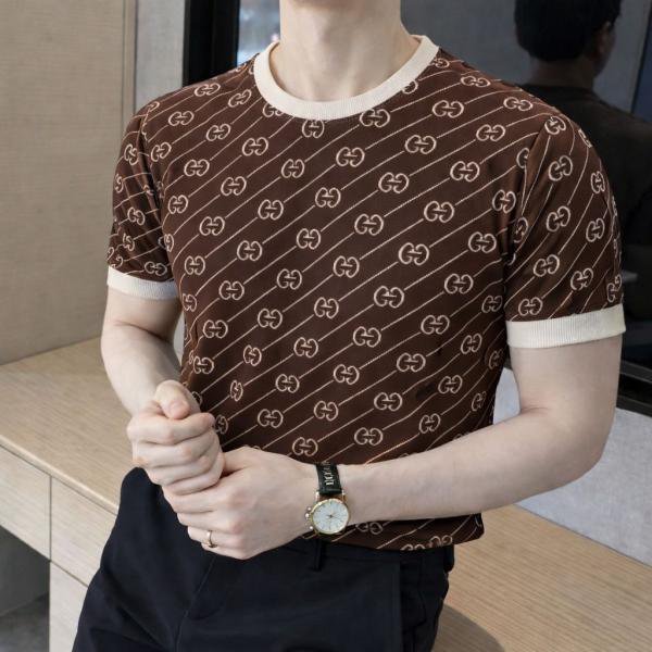 Gucci Imported Monogram Brown knitted Super Premium Round Neck T-shirt F3511-BR